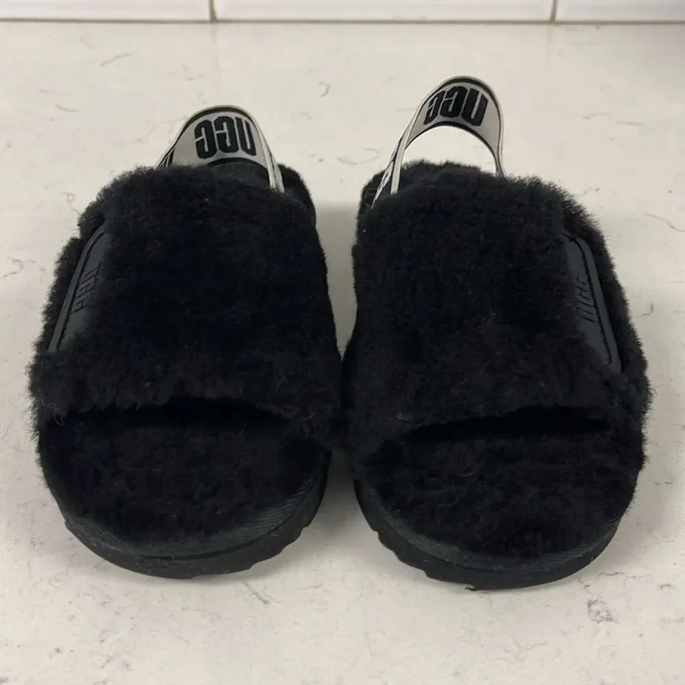 UGG Disco Slide Kids Black Fluffy Sandals - Slippers Size 13